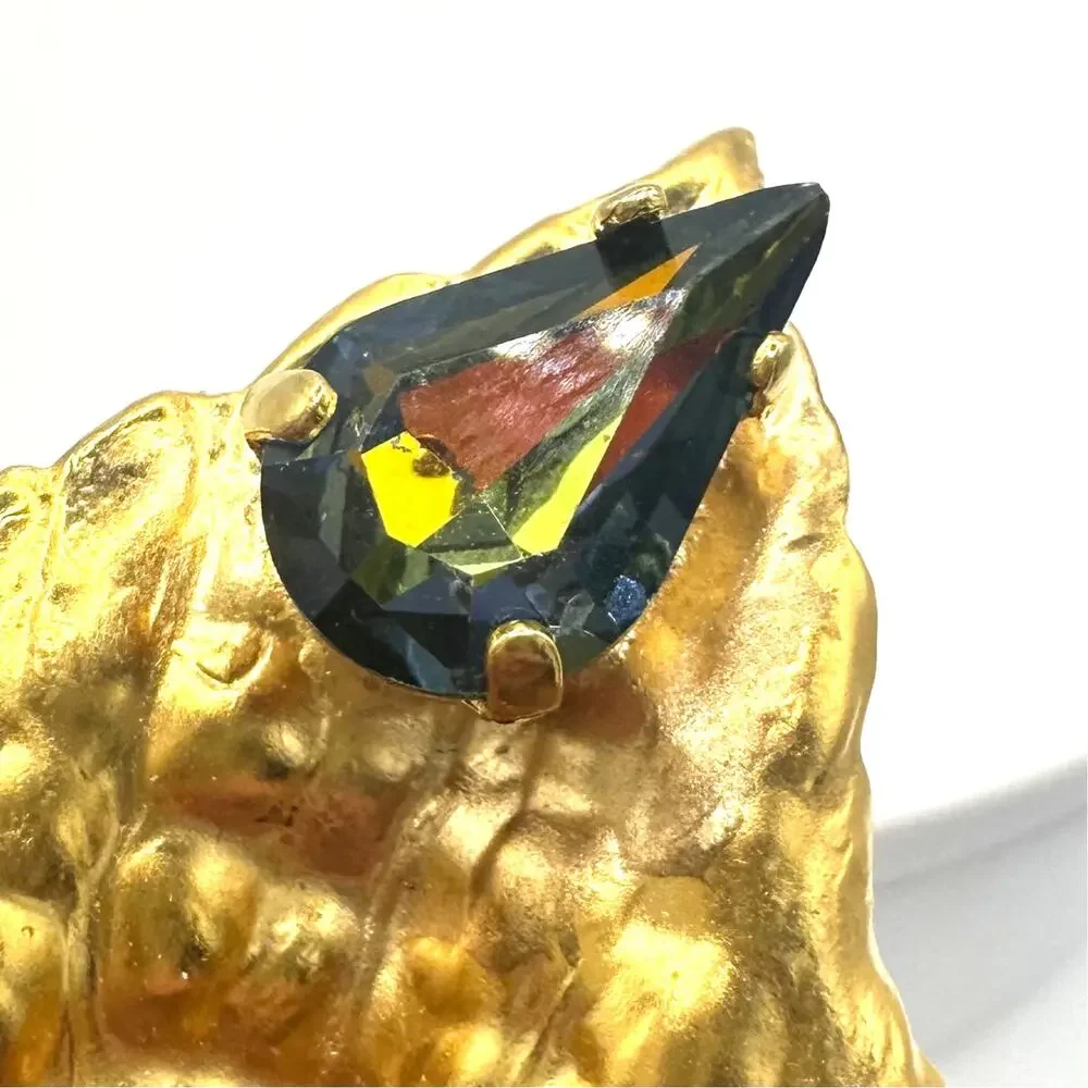 Vintage massive gold tone 3D leaf frog green brown AB rhinestone brooch
